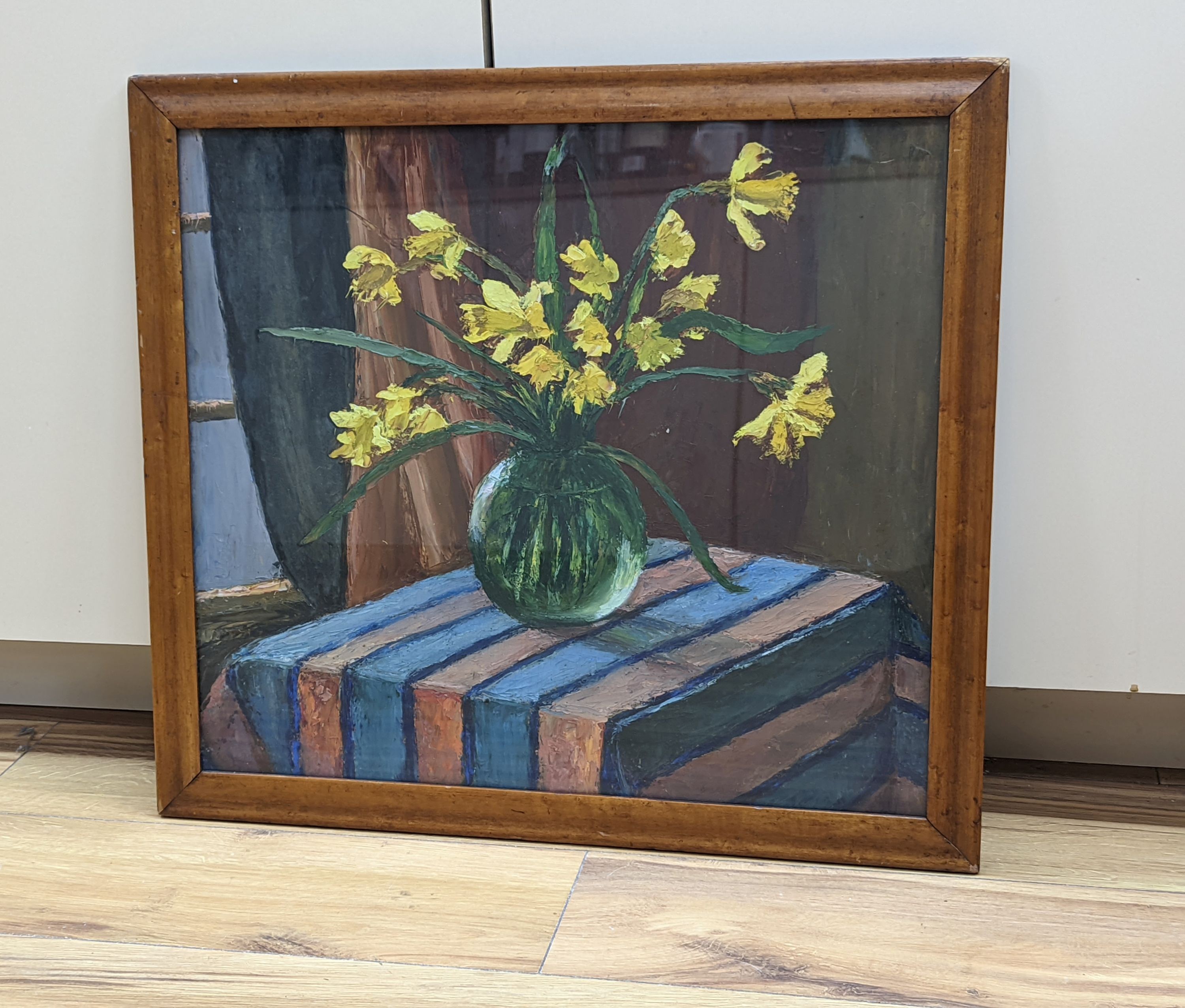 Piero Sansalvadore (1892-1955), oil on board, Still life of Narcissi in a glass vase, inscribed verso and dated 1928, 45 x 50cm